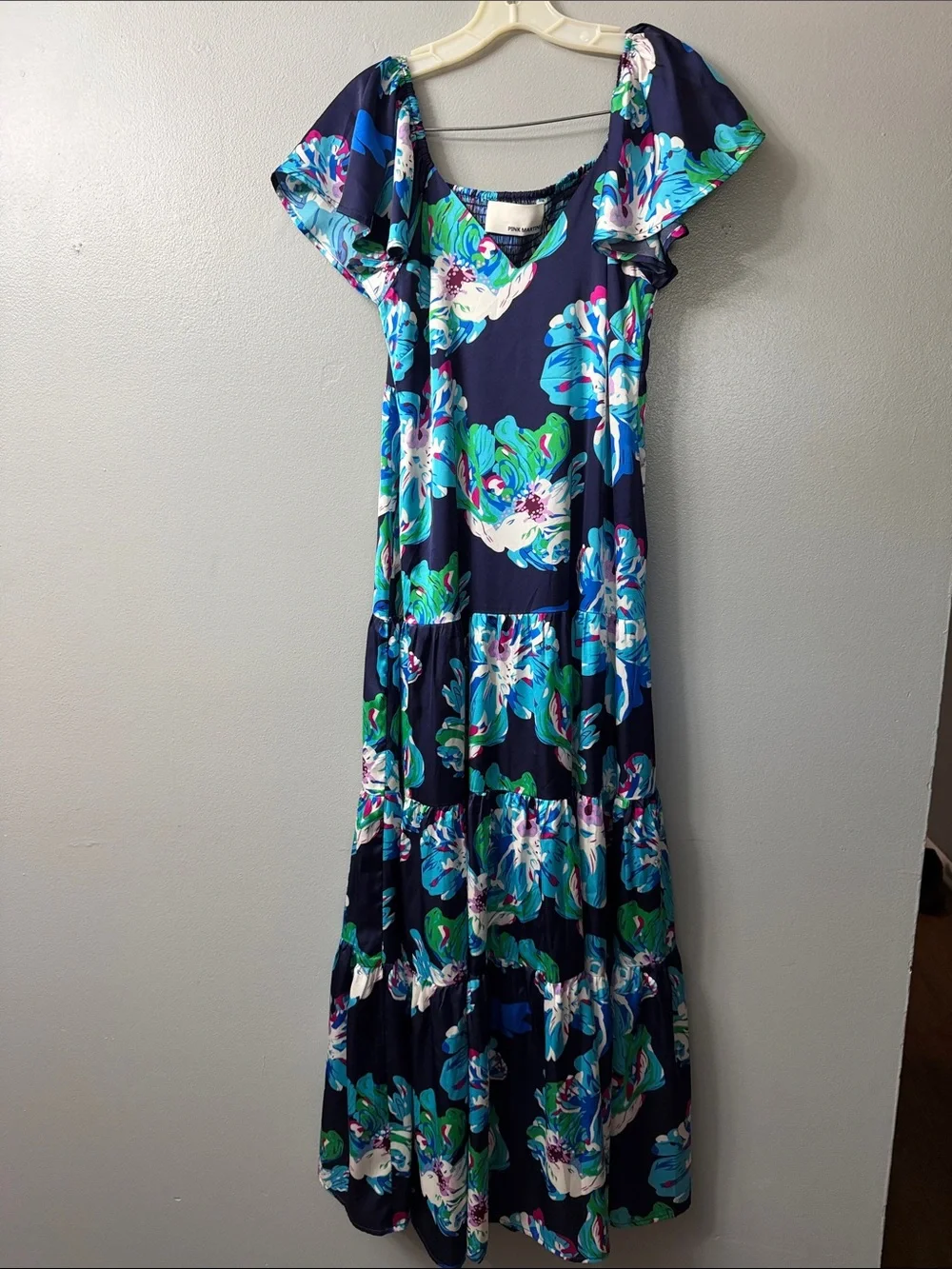 Pink Martini Scheana maxi dress tiered skirt, flutter sleeves blue floral small